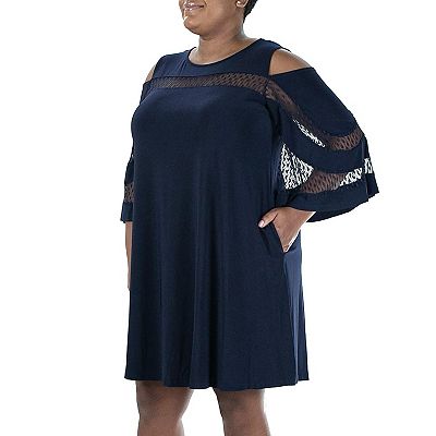 Nina Leonard Ity Cold Shoulder Dress with Small Dot Mesh Yoke - Black - 2X
