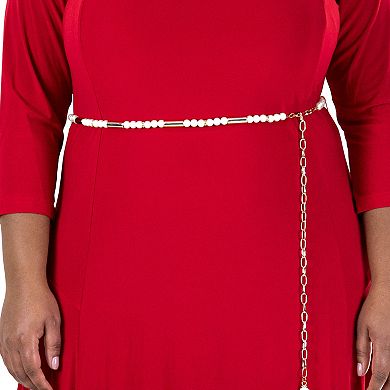 Plus Size Nina Leonard Simulated-Pearl Belt Midi Dress