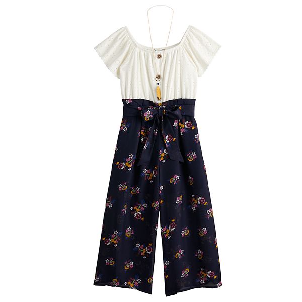 Girls 720 Knit Works Striped Lace Jumpsuit with Necklace in Regular