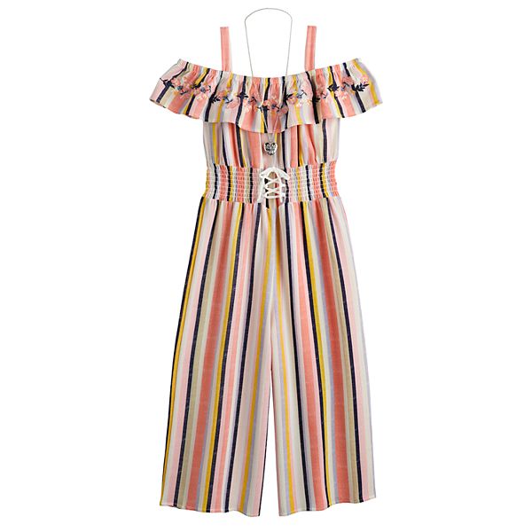 Girls 720 Knit Works Ruffled Jumpsuit with Necklace in Regular & Plus Size