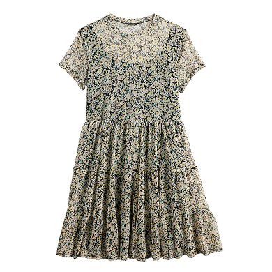 Juniors' Lily Rose Mesh Short Sleeve Babydoll Dress