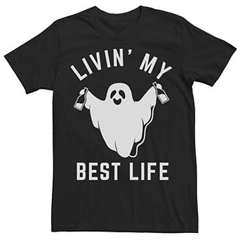 Mens Livin' My Best Life Drinking Ghost Halloween Tee