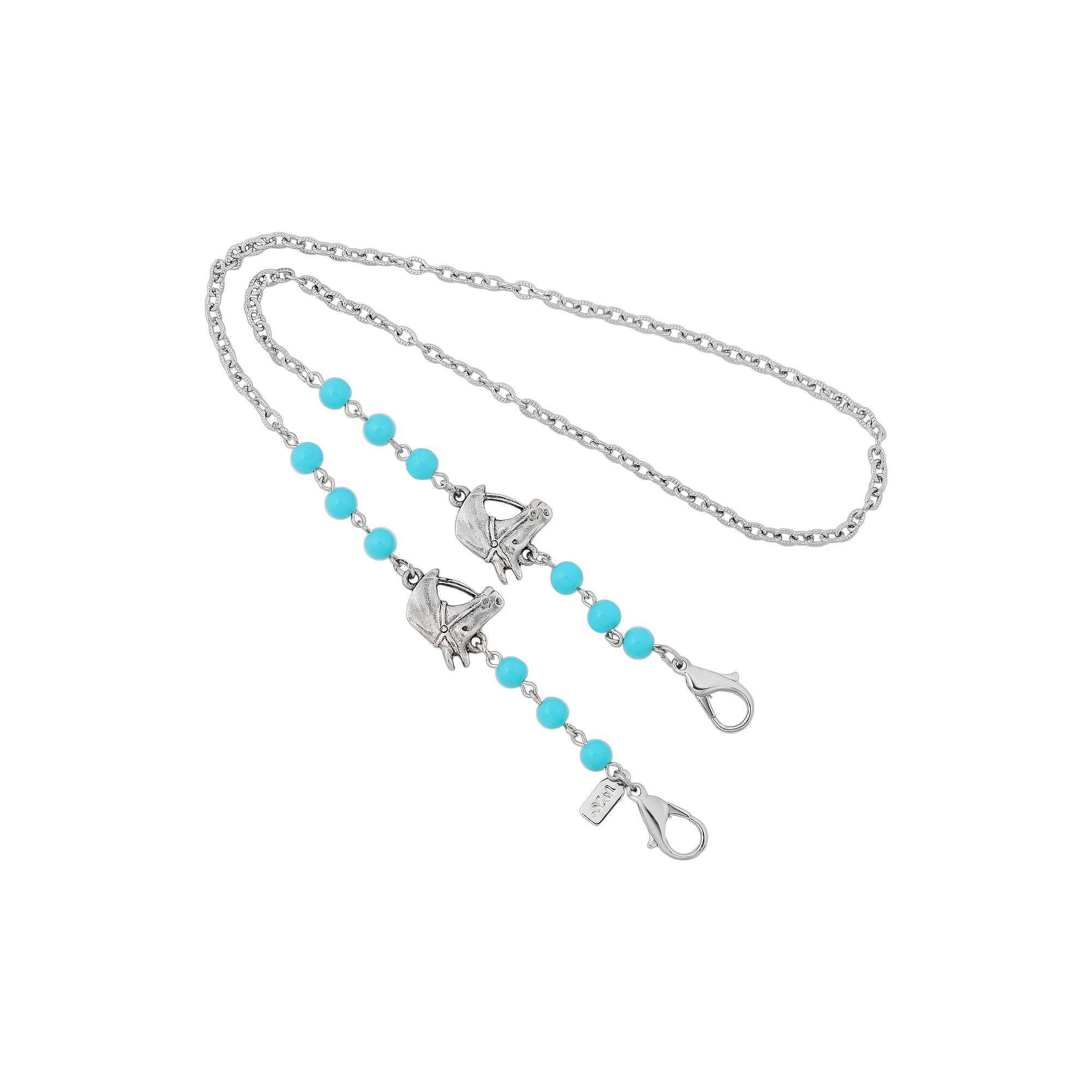 1928 Silver Tone Blue Bead & Horse Head Mask Holder, Womens, Turquoise