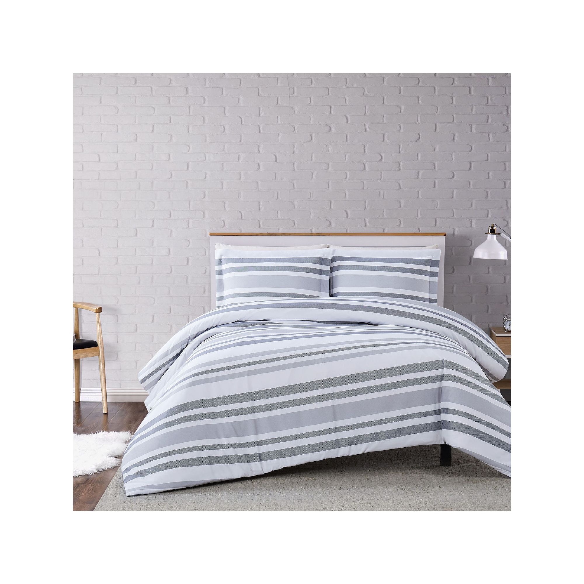 Truly Soft Curtis Stripe Duvet Cover Set, White And Gray