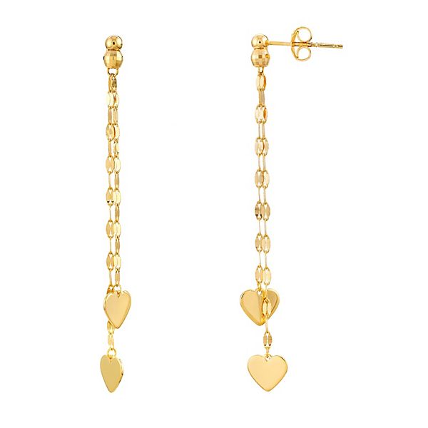 14k Gold Double Heart Linear Drop Earrings