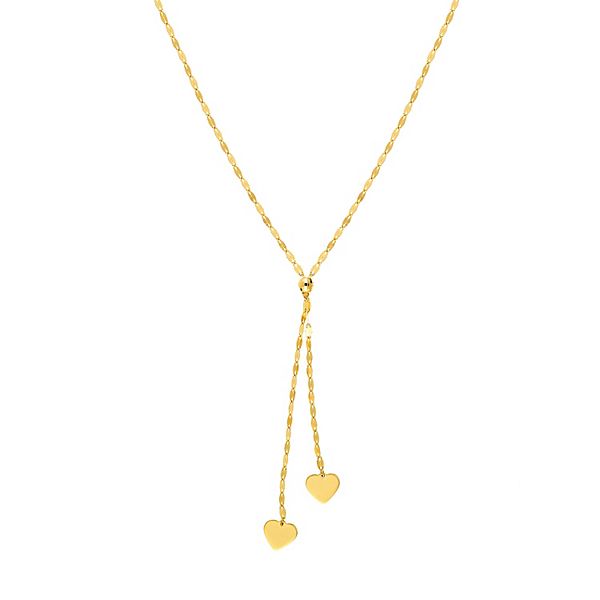 14k Gold Adjustable Double Heart Lariat Necklace
