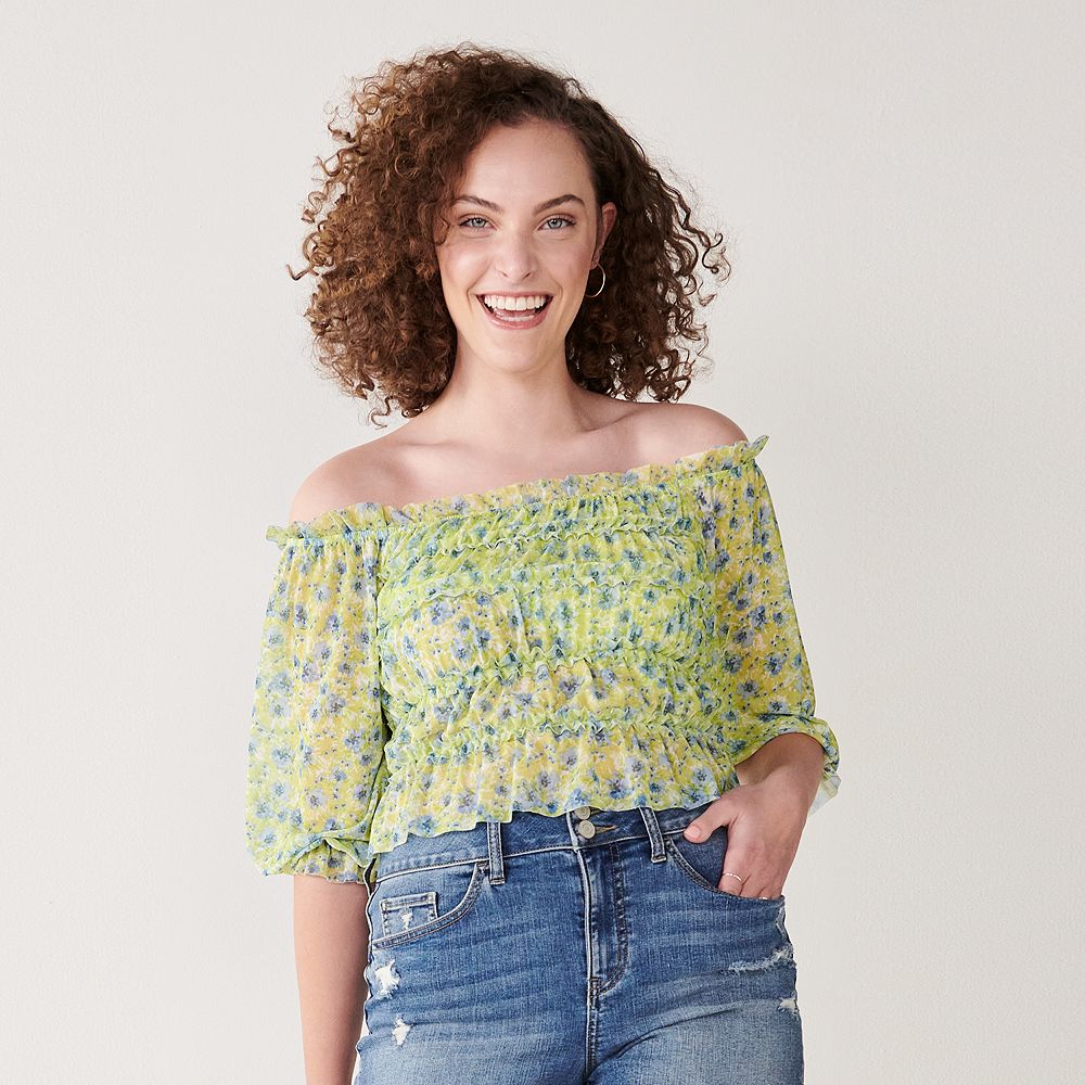Juniors' SO® Mesh Gathered Ruffled Top
