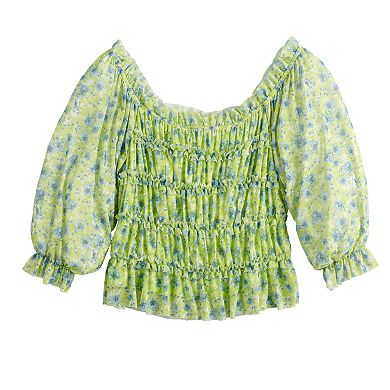 Juniors' SO® Mesh Gathered Ruffled Top