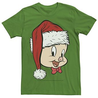 Men's Looney Tunes Christmas Porky Pig Santa Hat Portrait Tee