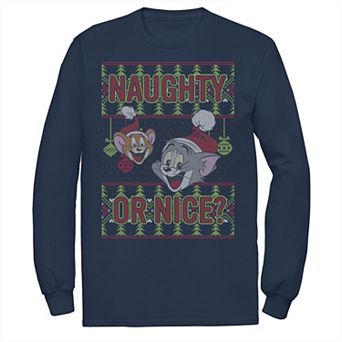Men's Tom And Jerry Naughty Or Nice Holiday Pattern Tee