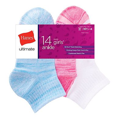 Hanes Ultimate 14-Pack Girls' Cool Comfort Moisture-Wicking Ankle Socks