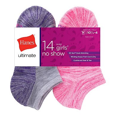 Hanes Ultimate 14-Pack Girls' Cool Comfort Moisture-Wicking No Show Socks