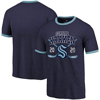 Men's Fanatics Branded Heathered Deep Sea Blue Seattle Kraken Buzzer Beater Tri-Blend Ringer T-Shirt