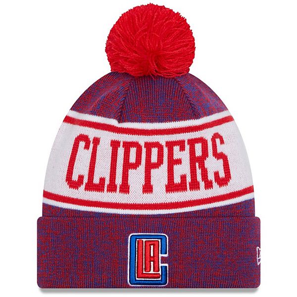 Youth New Era Royal/Red LA Clippers Banner Cuffed Knit Hat with Pom