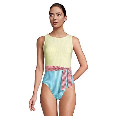 Women s Lands End High Neck Seersucker Tummy Control One Piece Swimsuit