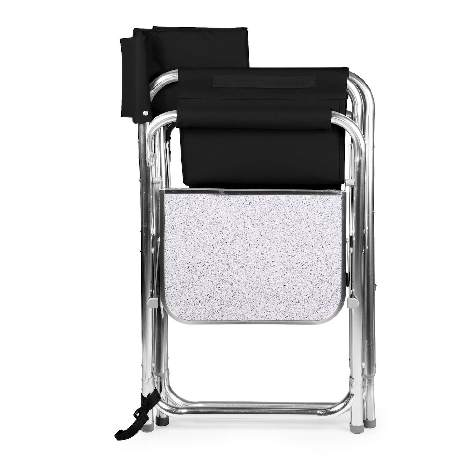 Foldable sports chair with black seat and back fabric and chrome frame