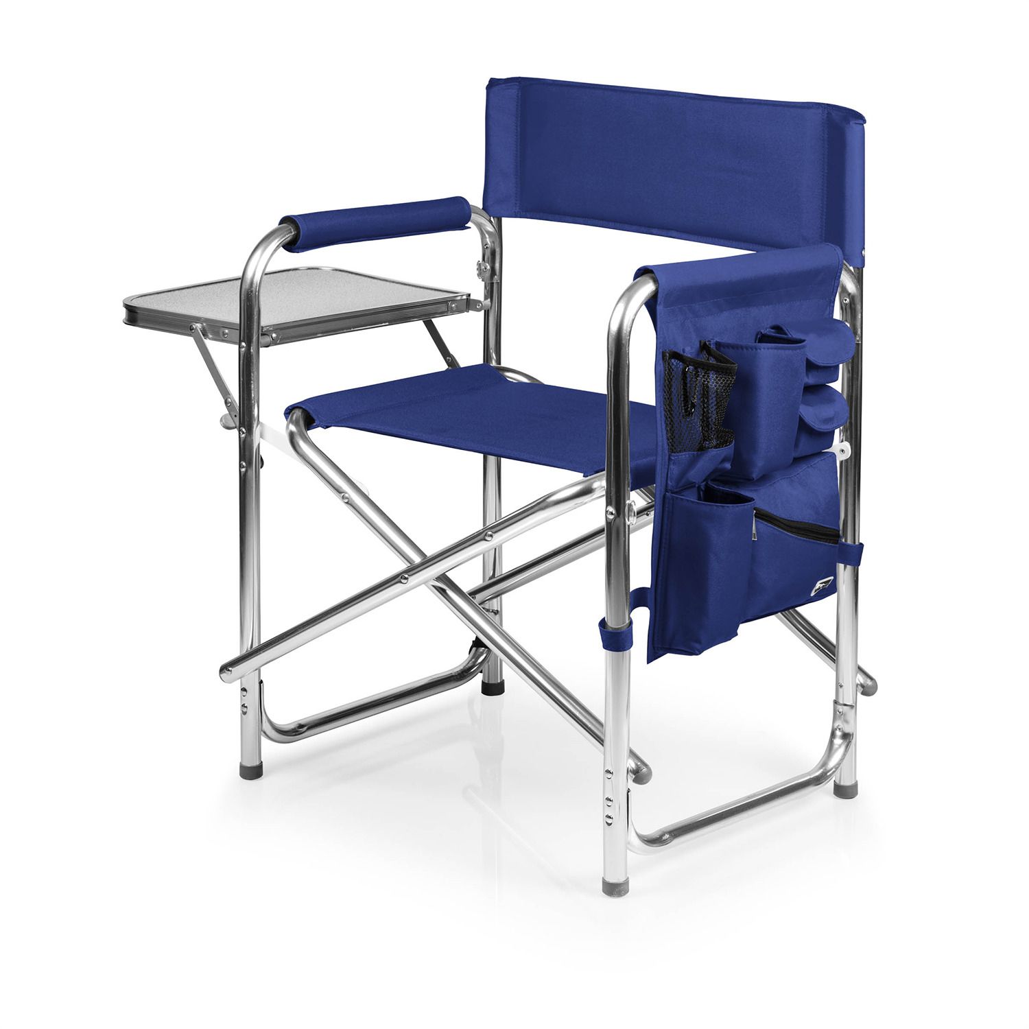 Foldable sports chair with blue seat, back, arm supports and side organizer pouch