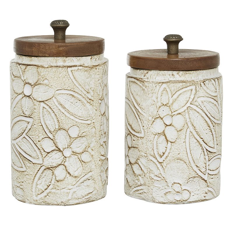 DecMode 9   10 H White Ceramic Handmade Intricately Carved Decorative Jars with Wood Lids  2-Pieces