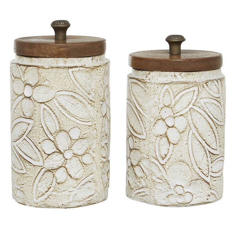 Stella & Eve Round Rustic White Floral Carved Ceramic Jar 2-piece Set