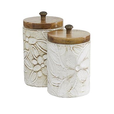 Stella & Eve Round Rustic White Floral Carved Ceramic Jar 2-piece Set