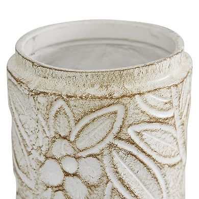 Stella & Eve Round Rustic White Floral Carved Ceramic Jar 2-piece Set