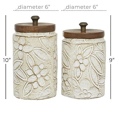 Stella & Eve Round Rustic White Floral Carved Ceramic Jar 2-piece Set