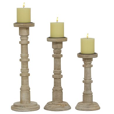 Stella & Eve Round Light Natural Wood Carved Candle Holder 3-piece Set