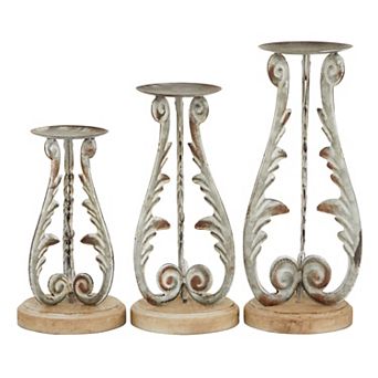 Stella & Eve Distressed Silver Metal & Wood Candle Holder 3 pc Set