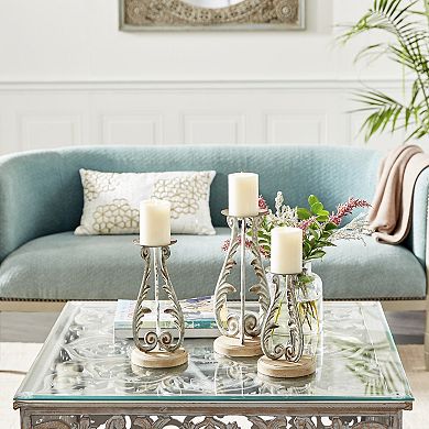 Stella & Eve Distressed Silver Metal & Wood Candle Holder 3-piece Set