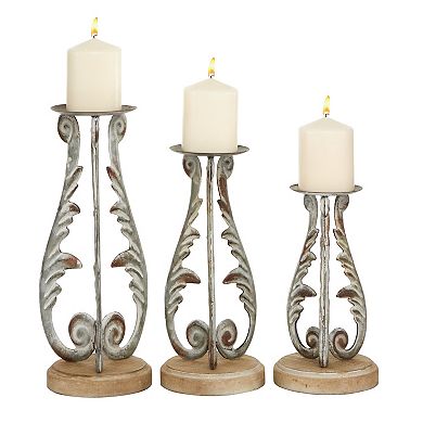 Stella & Eve Distressed Silver Metal & Wood Candle Holder 3-piece Set