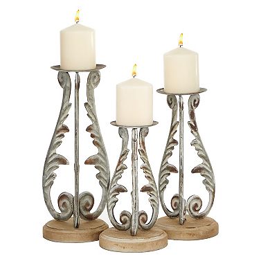 Stella & Eve Distressed Silver Metal & Wood Candle Holder 3-piece Set