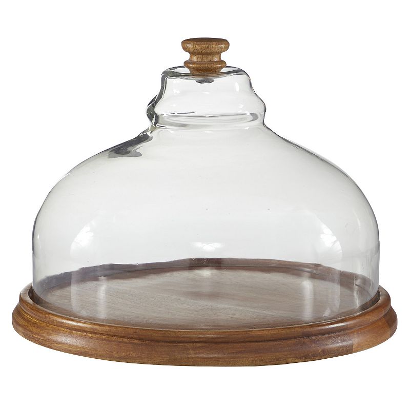 Stella & Eve Natural Wood Plate With Glass Cloche Cover, Brown