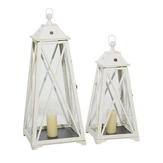Stella & Eve Tall Triangular Wood & Glass White Lantern 2 pc Set