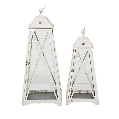 Stella & Eve Tall Triangular Wood & Glass White Lantern 2-piece Set