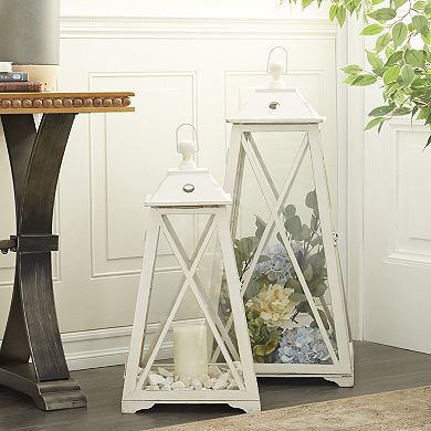 Stella & Eve Tall Triangular Wood & Glass White Lantern 2-piece Set