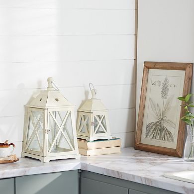 Stella & Eve Trapezoid White Wood & Glass Lantern 2-piece Set