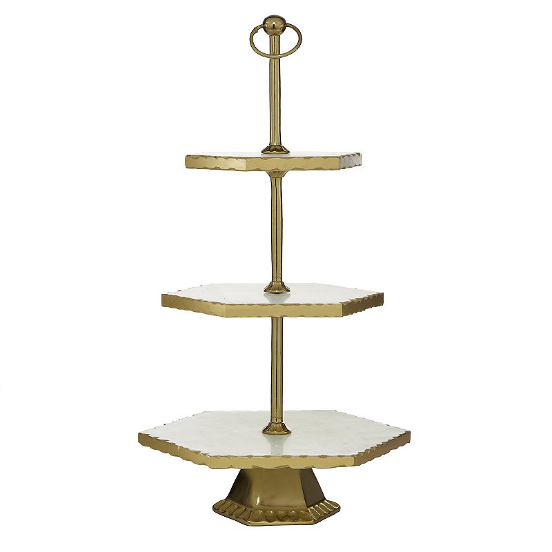 Stella & Eve Hexagon 3-Tier Gold Aluminum & White Marble Tray Stand, Multic