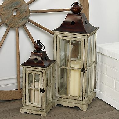 Stella & Eve Large Coastal Wood & Glass Lantern 2-piece Set