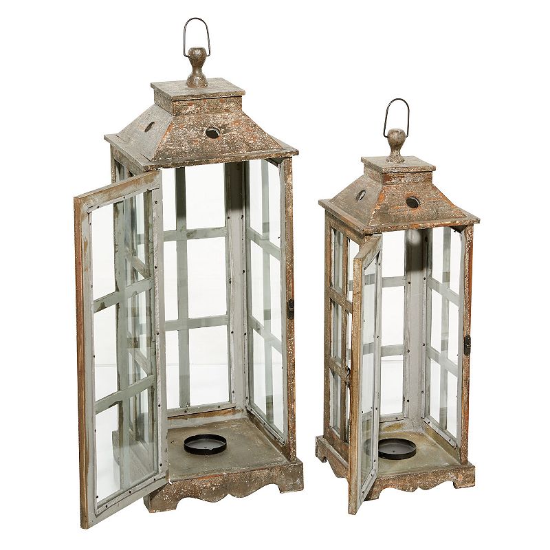 Stella & Eve Tall Distressed Wood Finished Glass Lantern 2-piece Set, Brown