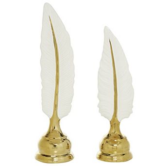 CosmoLiving by Cosmopolitan White & Gold Ceramic Feather Table Décor 2 pc Set