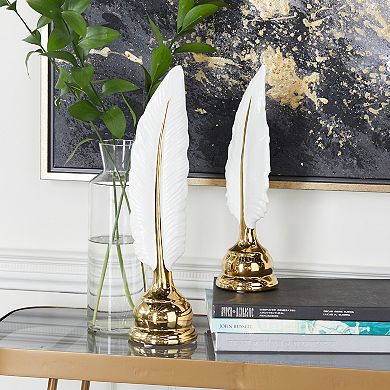 Stella & Eve White & Gold Ceramic Feather Table Décor 2-piece Set