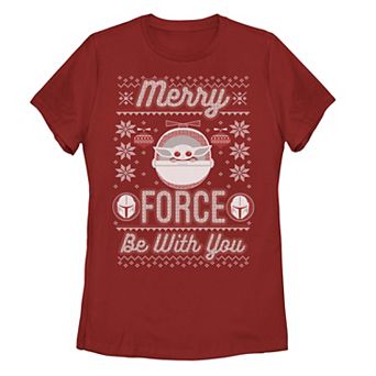 Juniors' Star Wars The Mandalorian Christmas Merry Force Be With You Tee