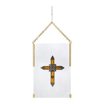 1928 Gold Tone Simulated Crystal Cross Glass Hanging Ornament