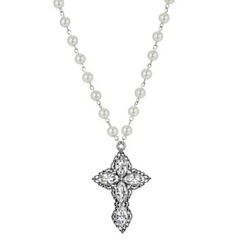 1928 Silver Tone Crystal & Simulated Pearl Cross Necklace