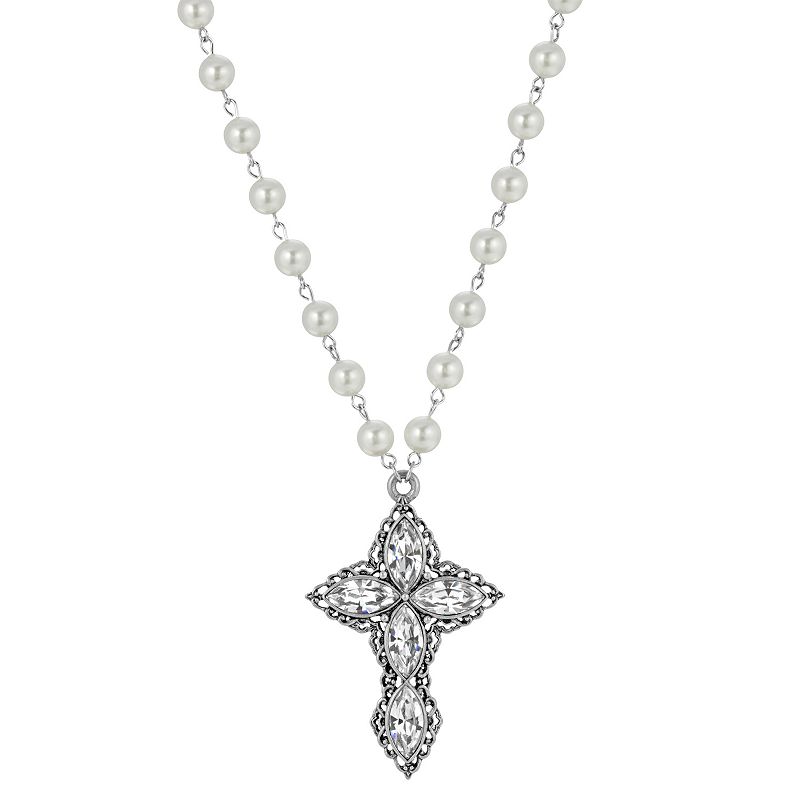 1928 Silver Tone Crystal Diamond Shaped Stones Cross Simulated Pearl Neckla