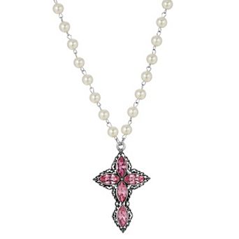 1928 Silver Tone Crystal & Simulated Pearl Cross Necklace