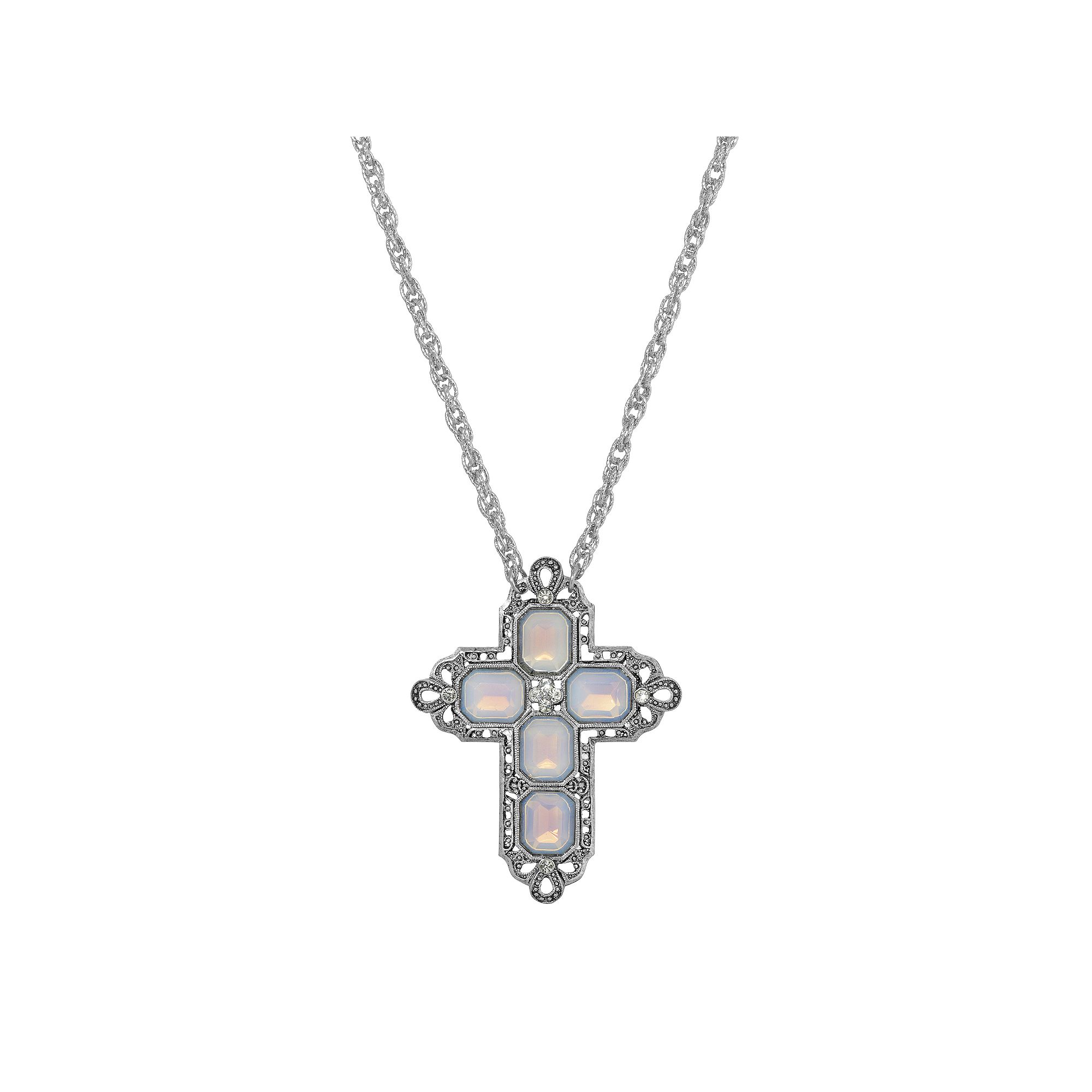 1928 Silver Tone Rectangle Simulated Crystal Cross Chain Necklace, Womens,