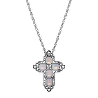 1928 Silver Tone Rectangle Simulated Crystal Cross Chain Necklace