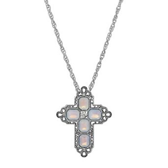 1928 Silver Tone Rectangle Simulated Crystal Cross Chain Necklace