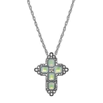 1928 Silver Tone Rectangle Simulated Crystal Cross Chain Necklace